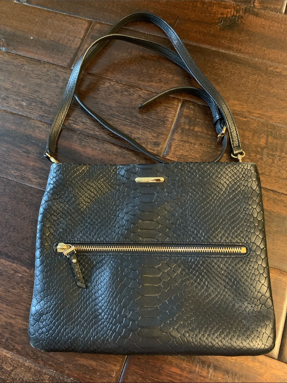 GiGi New York Black Snake-Embossed Crossbody with Gold Zip